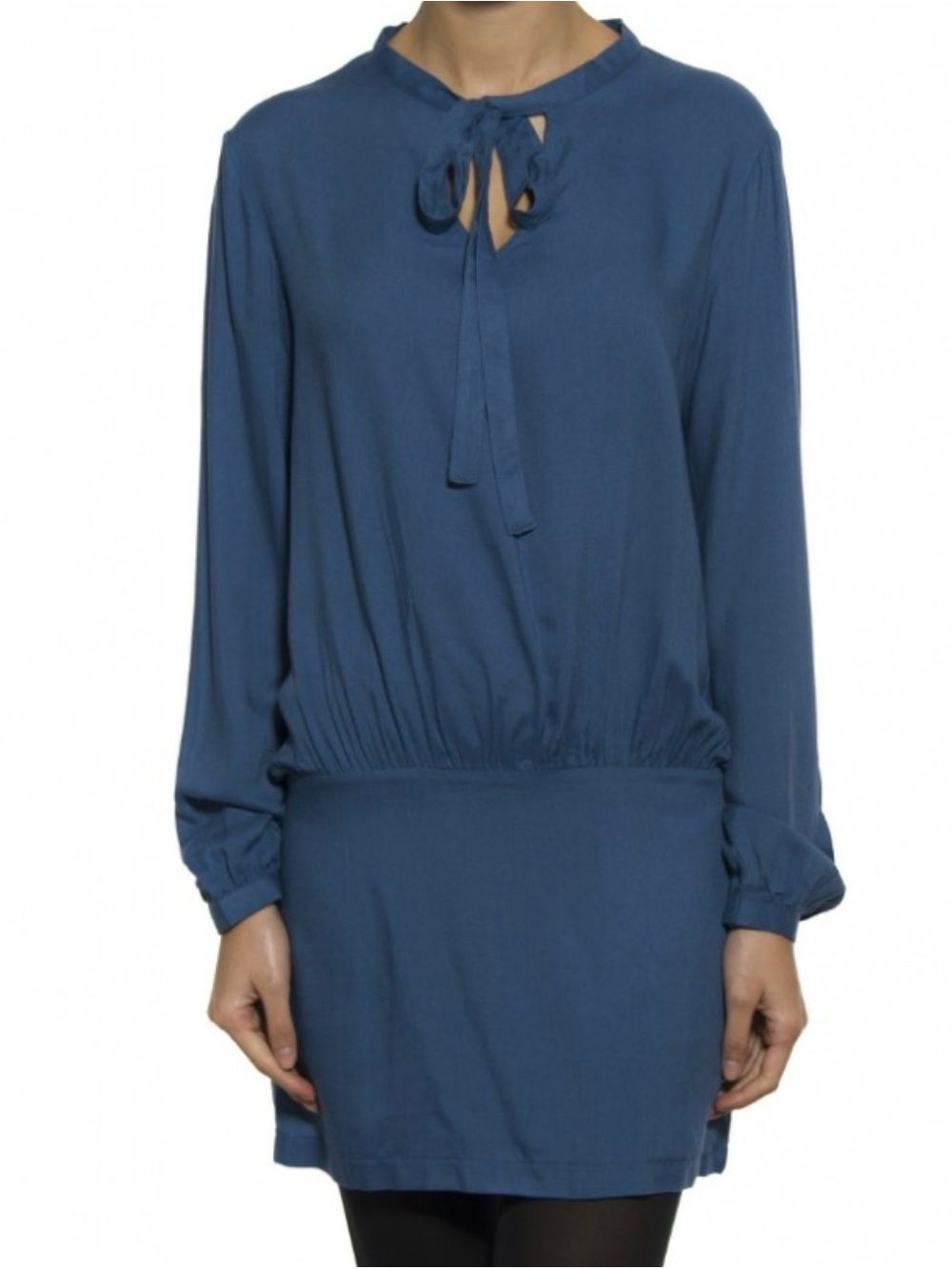 Zara Deep Blue Long-Sleeve Tie-Neck Dress